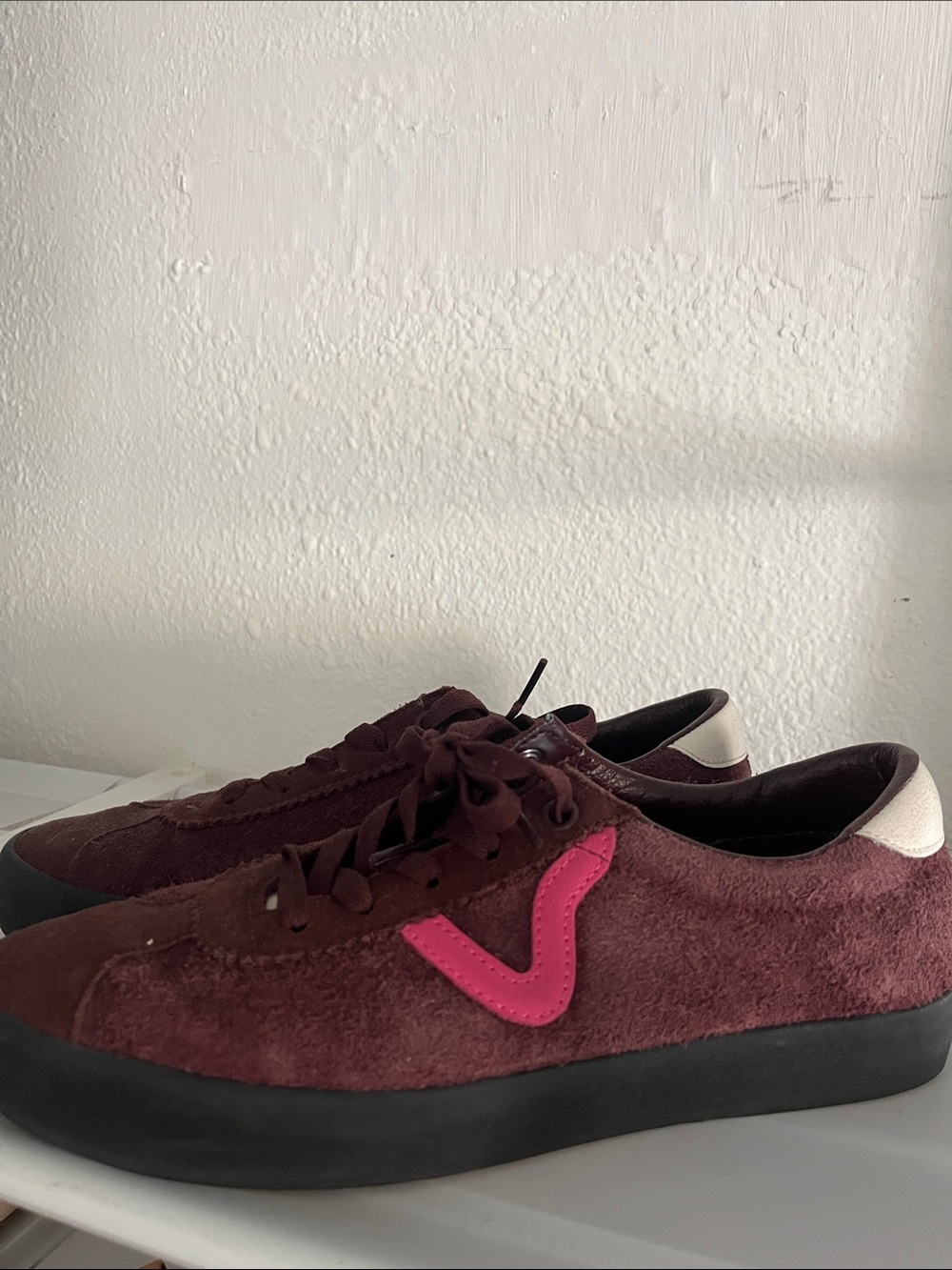 Woman’s Vans Burgundy Suede Sneakers with Pink Accent